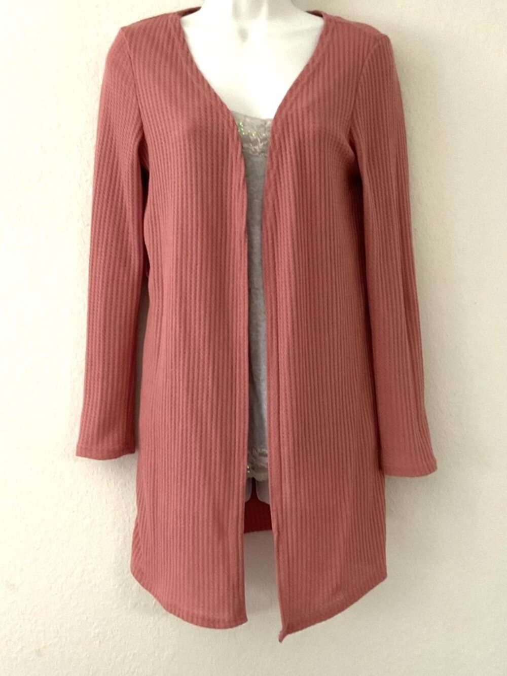 Women’s Open Front Ribbed Knit Duster Cardigan - Dusty Rose / Mauve, Size Medium
